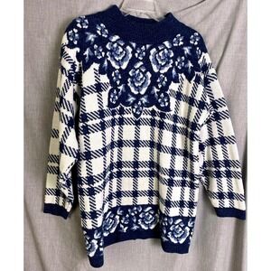Vintage Carriage‎ Court Blue White Floral Plaid Knit Sweater Cottage Cozy